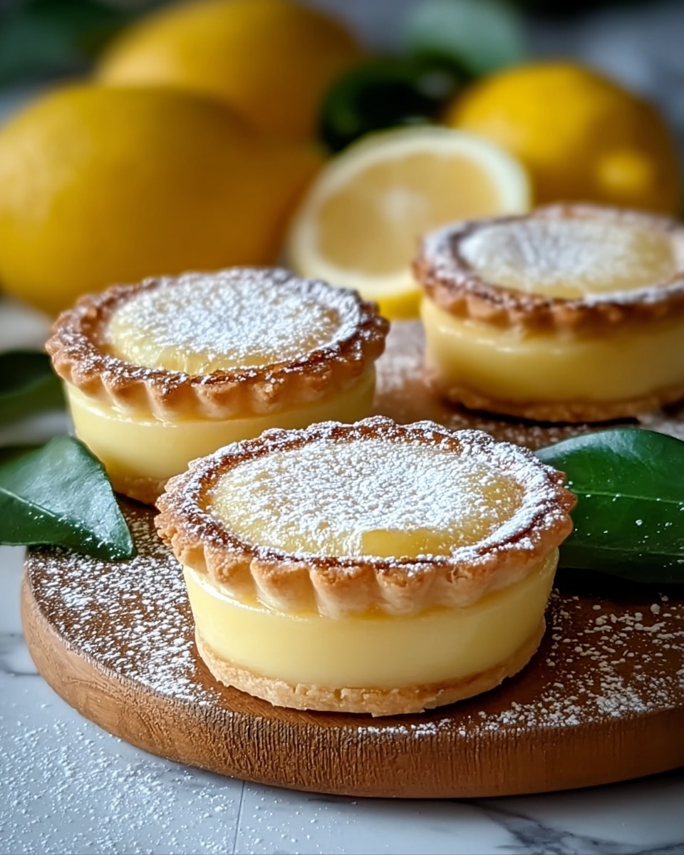 Three small lemon tarts sit on a round wooden board with a white marbled texture below. Each tart has three layers: a bottom layer of golden flaky crust, a thick middle layer of smooth pale yellow lemon filling, and a top layer of a golden brown crust with a crimped edge. The top crusts are dusted lightly with white powdered sugar. Behind the tarts are blurred whole yellow lemons, and fresh green leaves are placed near the tarts adding a fresh touch. photo taken with an iphone --ar 4:5 --v 7