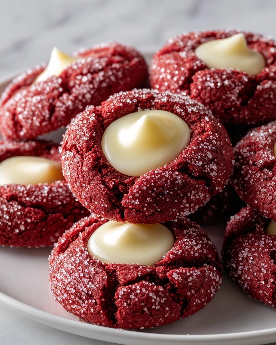 A close-up view of a plate filled with round red velvet cookies, each having a cracked surface covered in coarse sugar crystals, giving them a sparkling, rough texture. Each cookie has one central layer of smooth, creamy white frosting shaped like a small dome with a slight peak in the middle, sitting perfectly in the cookie's hollow center. The cookies are tightly packed on a white round plate that rests on a white marbled surface. The rich, deep red color of the cookies contrasts well with the soft white frosting on top. photo taken with an iphone --ar 4:5 --v 7