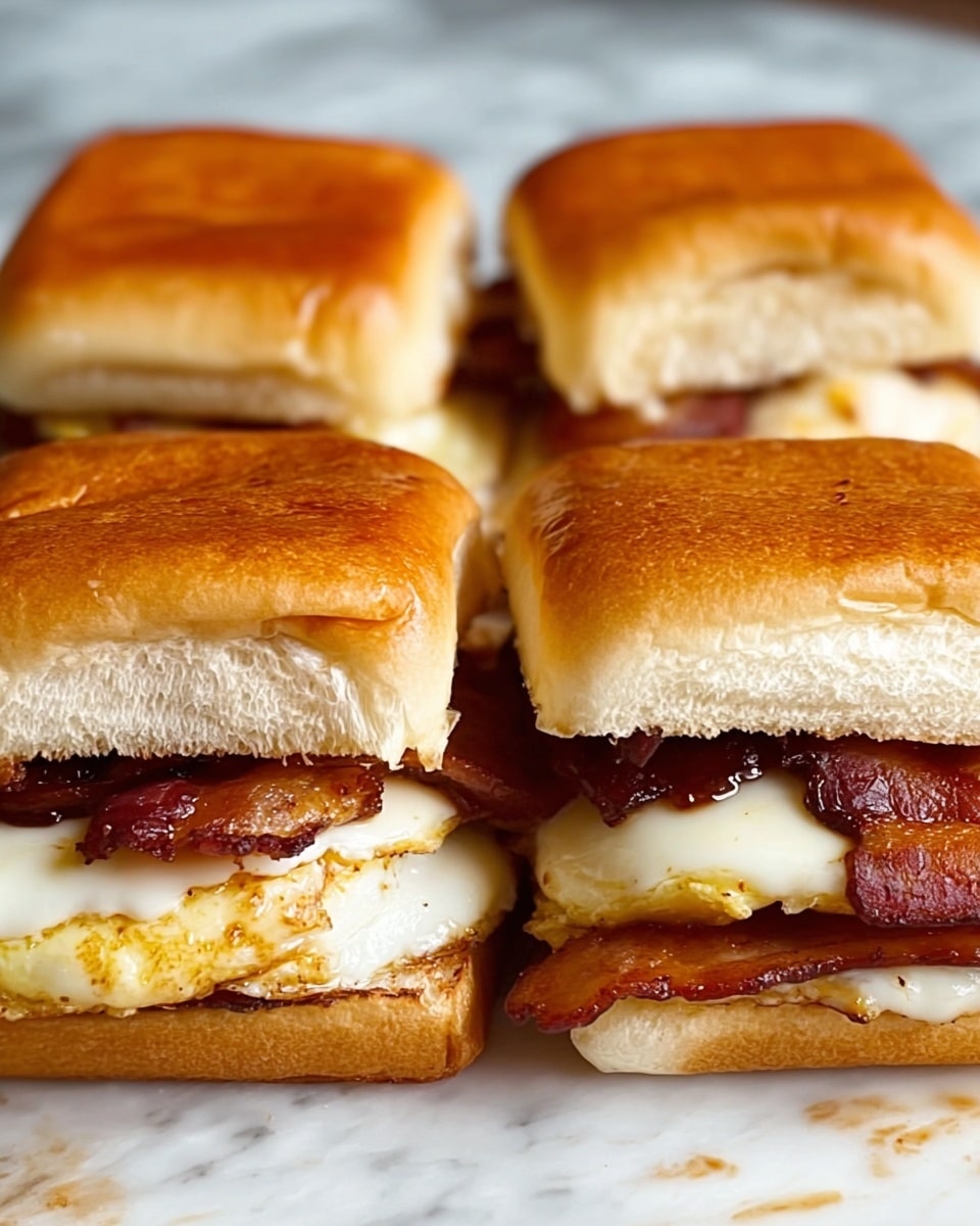 The image shows four square sandwiches arranged in two rows on a white marbled surface. Each sandwich has a golden-brown toasted top bun with a slightly cracked texture. Inside, there are three visible layers: a crispy dark reddish-brown bacon layer in the middle, beneath which is a layer of white melted cheese with a few golden spots, and on top of the bacon is a layer of white fried egg with a slightly browned edge. The bottom bun is light brown and soft, supporting the layers above. The sandwiches are close together, filling the frame with a warm, inviting look. Photo taken with an iphone --ar 4:5 --v 7