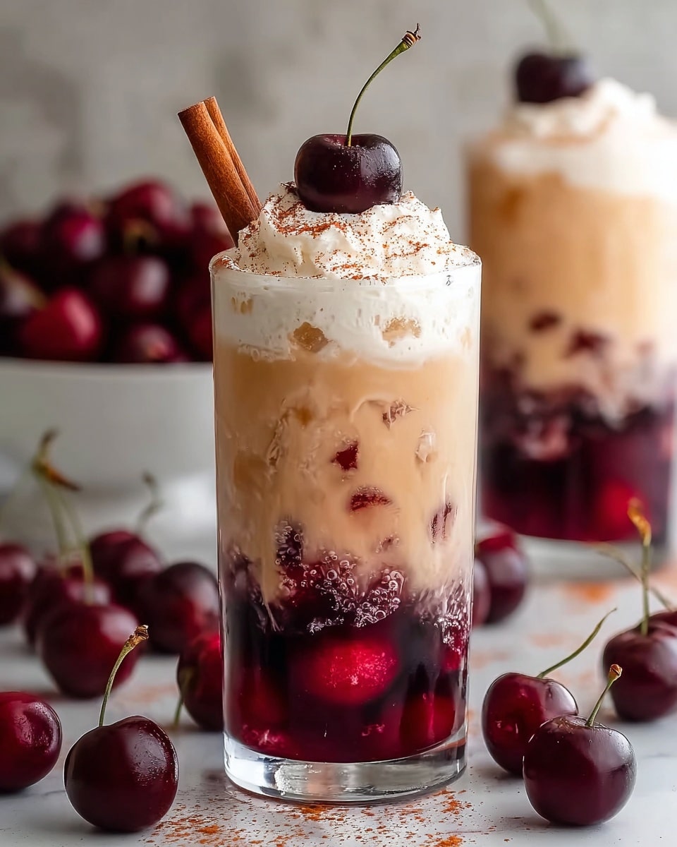 A tall clear glass filled with three layers: the bottom layer is a deep red cherry mix with whole cherries and juice, the middle layer is a creamy, light beige liquid swirling gently with the cherry juice, and the top layer is white whipped cream sprinkled with a light dusting of cinnamon or cocoa. On top of the whipped cream, there is a whole dark red cherry with a stem and a cinnamon stick angled next to it. The glass is placed on a white marbled surface surrounded by whole cherries and a white bowl filled with cherries in the background. Another similar glass blurred in the back adds depth. Photo taken with an iphone --ar 4:5 --v 7
