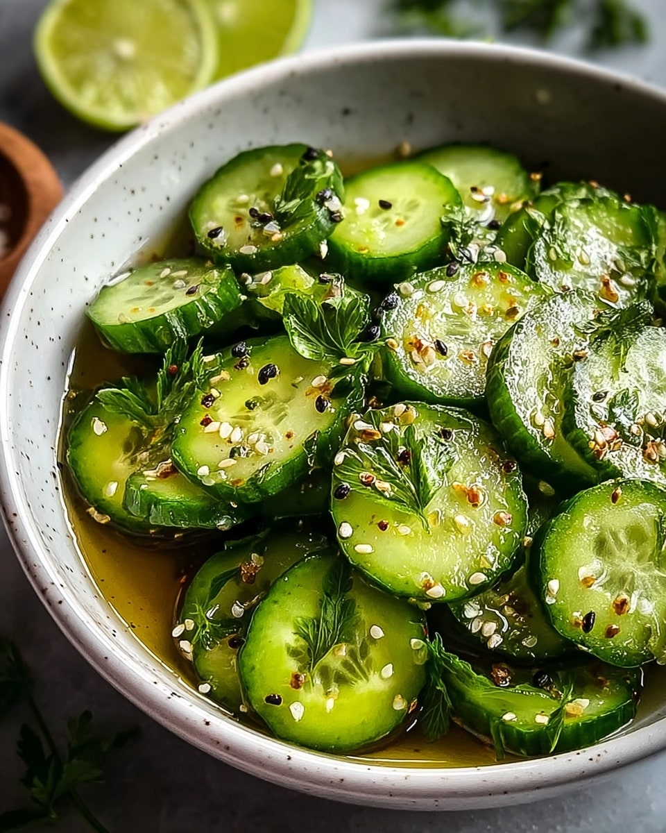 A close-up view of a bowl filled with bright green cucumber slices soaked in a shiny, light yellow oil dressing. The cucumber slices are thick and watery with some showing soft seeds inside; they are sprinkled with black pepper, white sesame seeds, and a few pieces of dried red pepper. Fresh green parsley leaves are scattered on top for color and texture. The bowl is white with a subtle speckled pattern and holds the cucumbers tightly. The background has a soft focus with slices of lime and green herbs, all placed on a white marbled texture. Photo taken with an iphone --ar 4:5 --v 7