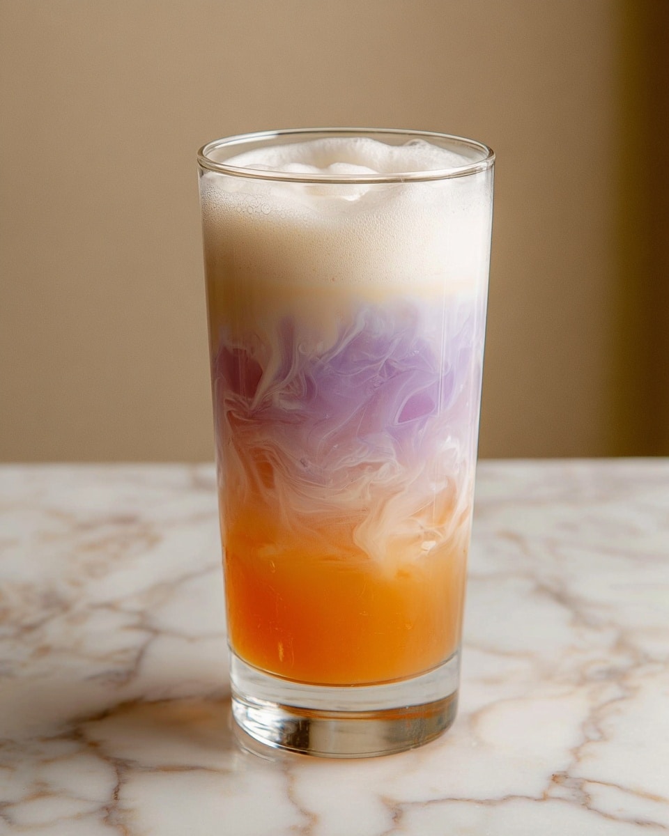 A tall clear glass holds a three-layered drink set on a white marbled surface, starting with a bright orange layer at the bottom with a smooth texture, followed by a middle layer of light purple ice cubes creating a soft, cool effect, and finishing at the top with a creamy white layer mixed with ice. The drink is crowned with a large swirl of fluffy white whipped cream, and a slice of bright yellow lemon is placed on the rim of the glass. photo taken with an iphone --ar 4:5 --v 7