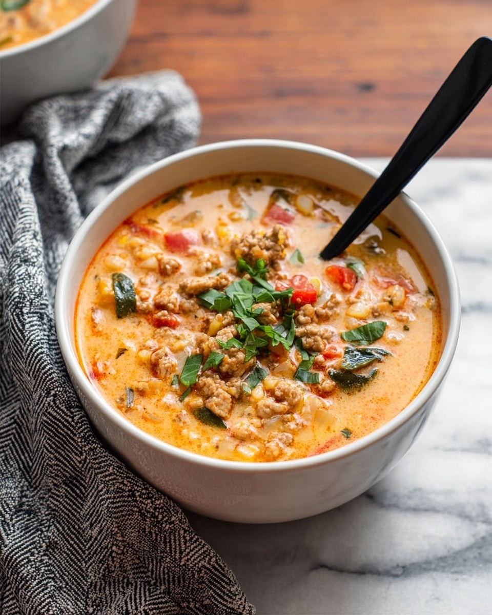 A white bowl filled with creamy soup that has a mix of warm colors including orange, beige, and light brown. The soup contains small pieces of vegetables and ground meat throughout, creating a chunky texture. On top, bright green fresh herbs add a pop of color. A black spoon is placed inside the bowl, and a gray and white cloth sits behind it on a white marbled surface. photo taken with an iphone --ar 4:5 --v 7