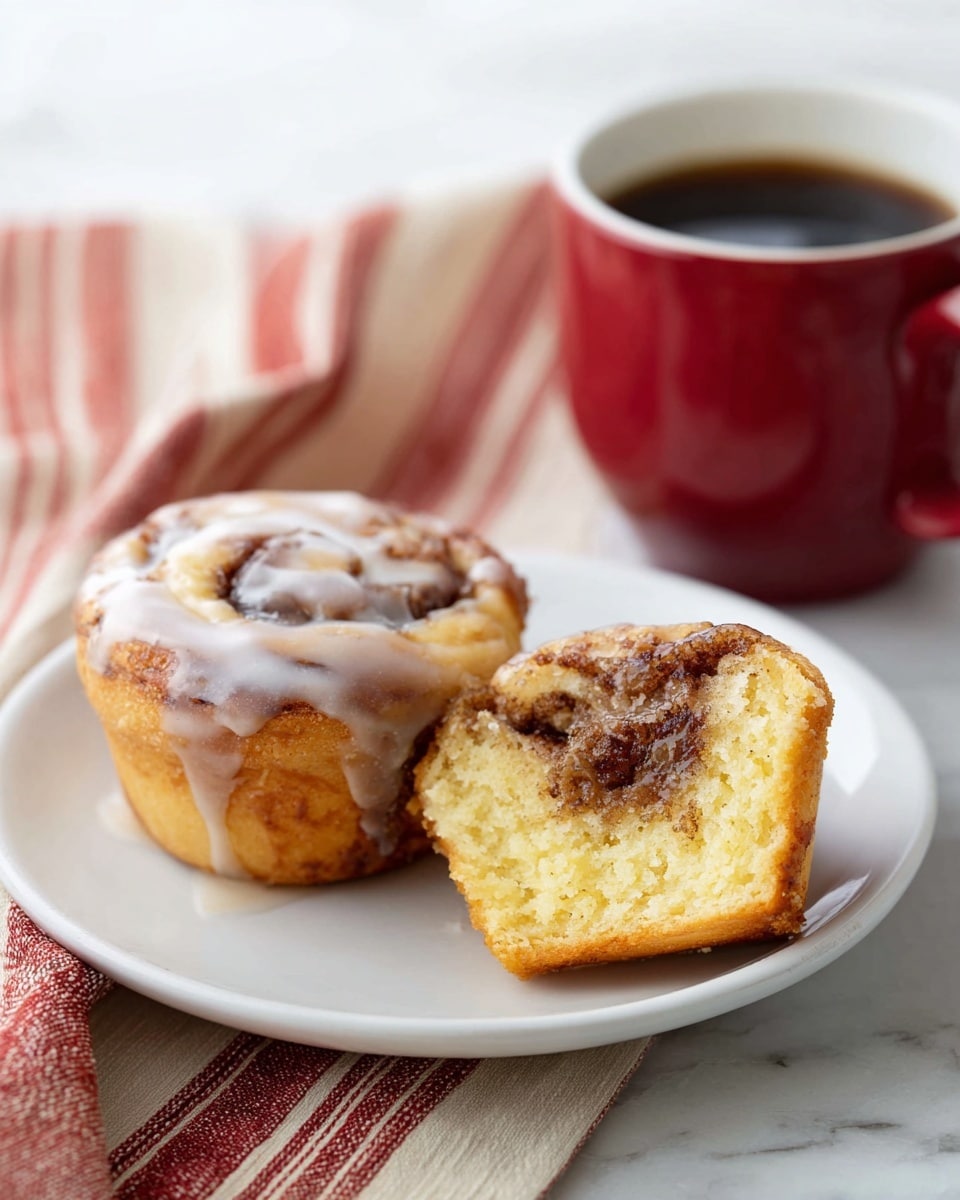 A white plate holds a glazed cinnamon roll muffin and a half piece of the same muffin cut open, showing a soft yellow texture with a rich brown cinnamon swirl inside. Next to the muffins is a small red cup filled with dark black coffee. The background features a softly blurred red and beige striped cloth on a white marbled surface. The lighting is soft and natural, highlighting the textures of the muffin's glaze and coffee's smooth surface. photo taken with an iphone --ar 4:5 --v 7