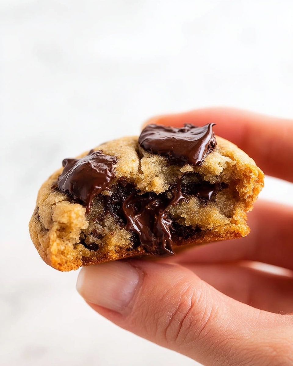 A close-up of a woman's hand holding a bitten chocolate chip cookie. The cookie has a golden-brown soft texture with large, melted dark chocolate chips visible on the top and inside the broken part. The gooey chocolate contrasts with the slightly crumbly cookie dough, showing moist, chewy layers. The background is a clean white marbled texture. photo taken with an iphone --ar 4:5 --v 7