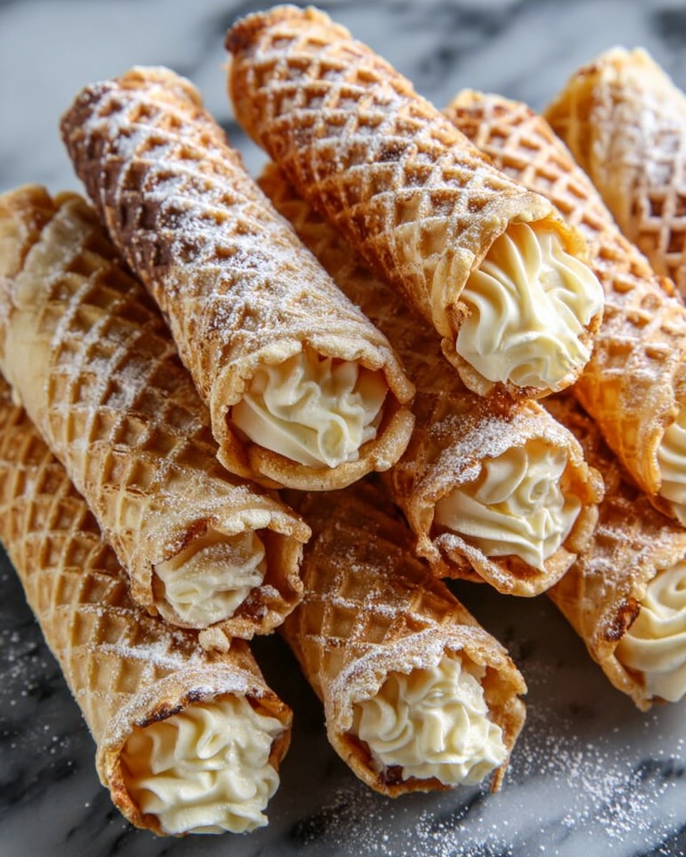 Several rolled waffle cones filled with a light brown creamy filling are stacked together. Each cone has a golden brown and pale cream crisscross pattern on the outside. The cones have a slightly rough texture with some darker toasted spots and are dusted lightly with powdered sugar. The creamy filling peeks out from the open ends, showing swirled layers and smooth texture. The cones are placed on a surface with a white marbled texture. photo taken with an iphone --ar 4:5 --v 7