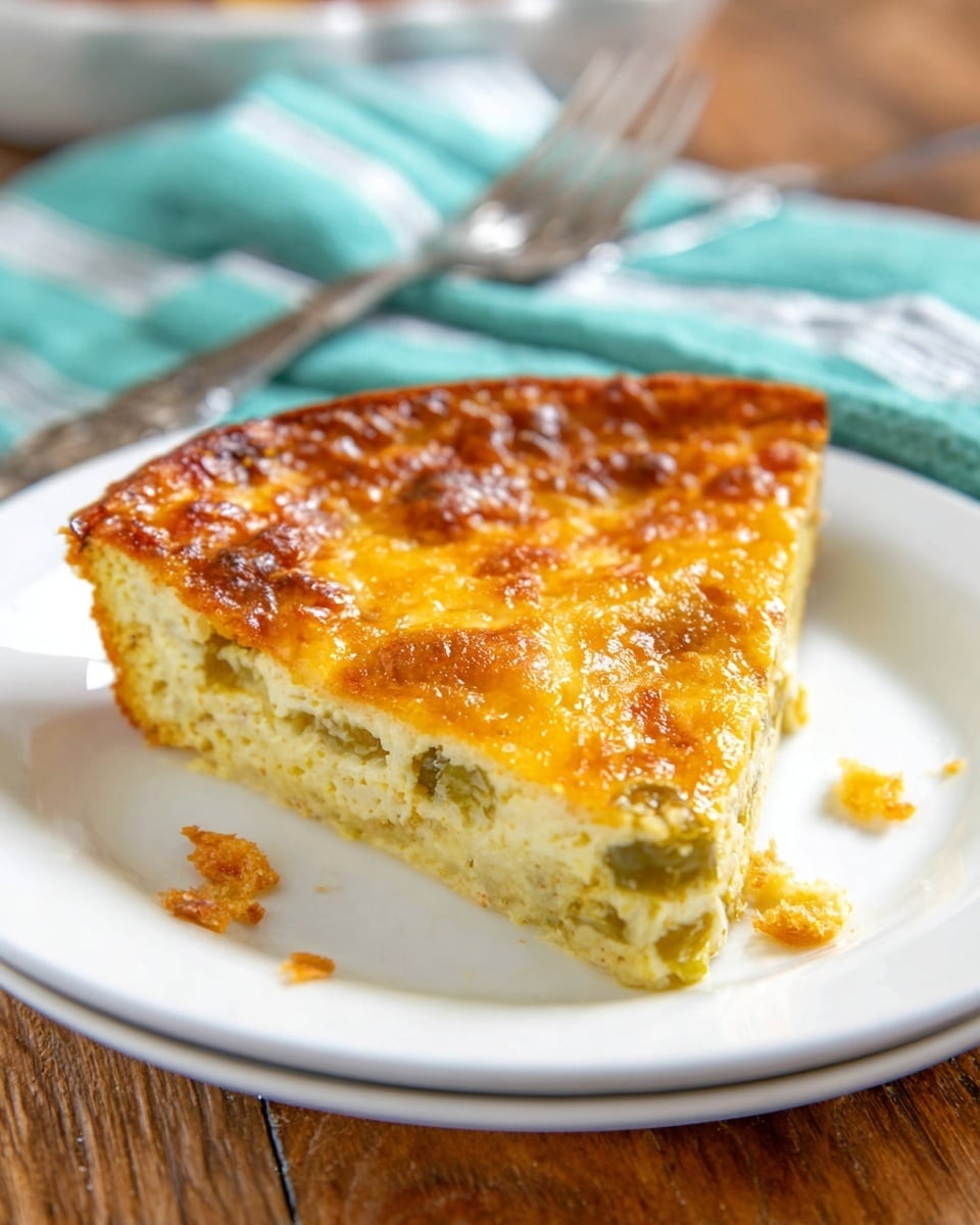 A single slice of a cheesy baked dish is placed on a white plate. The slice has two clear layers: a thin, slightly crispy golden brown cheese layer on top with a shiny and bubbly texture, and a thicker, pale yellow soft egg-based layer underneath with small bits of green peppers visible inside it. Some golden crumbs sit around the slice on the plate. The plate rests on a wooden table with a folded teal cloth in the background, along with a silver fork on a teal and white striped napkin partly visible. Photo taken with an iphone --ar 4:5 --v 7