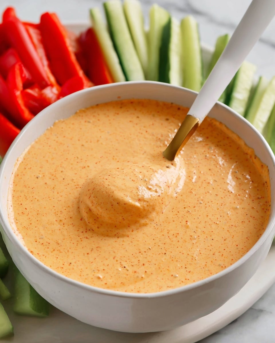 A close-up view of a white bowl filled with smooth, creamy orange dip that has a slightly textured surface with tiny specks inside. A white spoon with a gold tip is partially dipped into the dip, lifting a bit of it. Behind the bowl, there are fresh vegetable sticks arranged in groups, with bright red bell pepper slices on the left and light green cucumber sticks on the right, all sitting on a white marbled surface. photo taken with an iphone --ar 4:5 --v 7