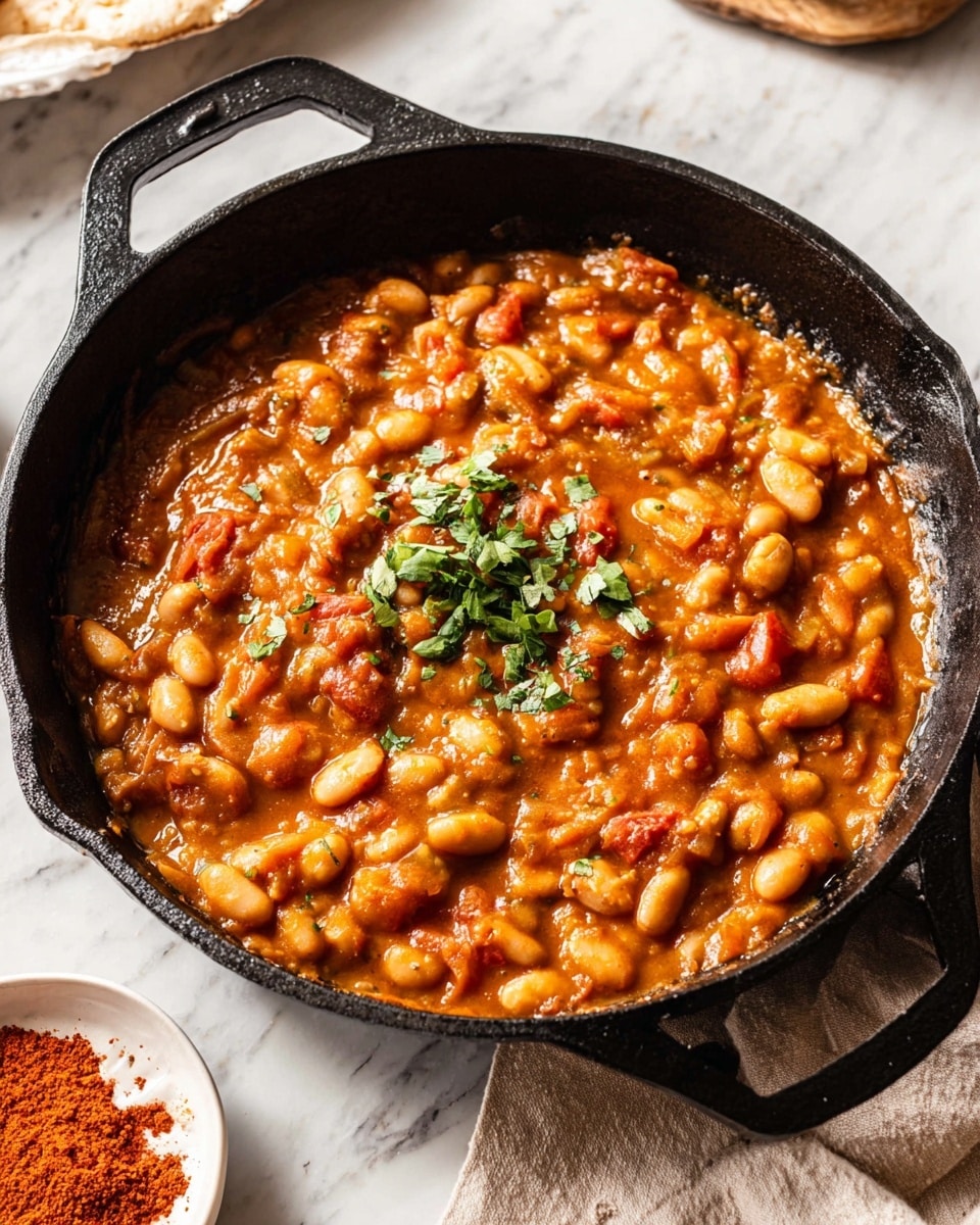 A black cast iron pan filled with a thick stew made of creamy white beans and soft tomato pieces in a rich orange-brown sauce, topped with a small sprinkle of fresh green herb leaves at the center. The texture looks chunky and slightly glossy, filling the pan almost to the rim. The pan sits on a white marbled surface, with some beige cloth and a small white dish with orange-red powder visible at the edges of the photo taken with an iphone --ar 4:5 --v 7