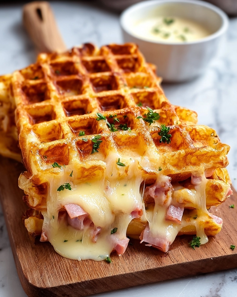 A golden brown waffle with a crispy outer layer and deep square pockets, filled with melted creamy cheese and visible slices of pink ham peeking through the gooey cheese layer, garnished with small green parsley leaves. The waffle sits on a wooden board with a white marbled texture background, and a small white bowl with a creamy dip blurred in the background. The cheese is stretchy and gooey, dripping slightly off the edges of the waffle, showing its soft texture underneath. Photo taken with an iphone --ar 4:5 --v 7