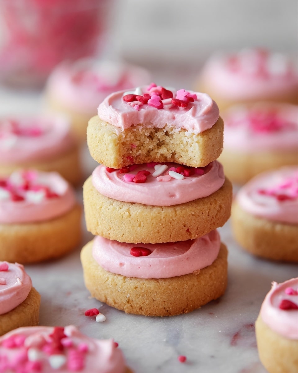 The image shows a stack of three small round cookies with a crumbly golden-brown base and a thick layer of smooth, pink frosting on top. The top cookie in the stack has a bite taken out of it, revealing a dense yet soft texture inside. Each frosting layer is decorated with small pink and red heart-shaped sprinkles. Around the stack, more cookies with the same base and frosting, also topped with sprinkles, lie flat on a white marbled surface. The colors are soft and warm, and the overall look is cozy and sweet, photo taken with an iphone --ar 4:5 --v 7