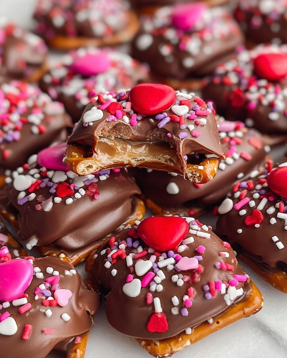 The image shows a pile of small square pretzel bases with a shiny brown chocolate layer on top, each holding a red or pink candy in the center. The chocolate layer is thick and smooth with a slight dome shape. There are colorful sprinkles scattered over the chocolate, with white, red, pink, and small heart shapes in a variety of sizes. One pretzel is bitten, revealing a light tan caramel layer beneath the chocolate and a crunchy pretzel base below it. The treats are arranged closely together on a white marbled surface. photo taken with an iphone --ar 4:5 --v 7