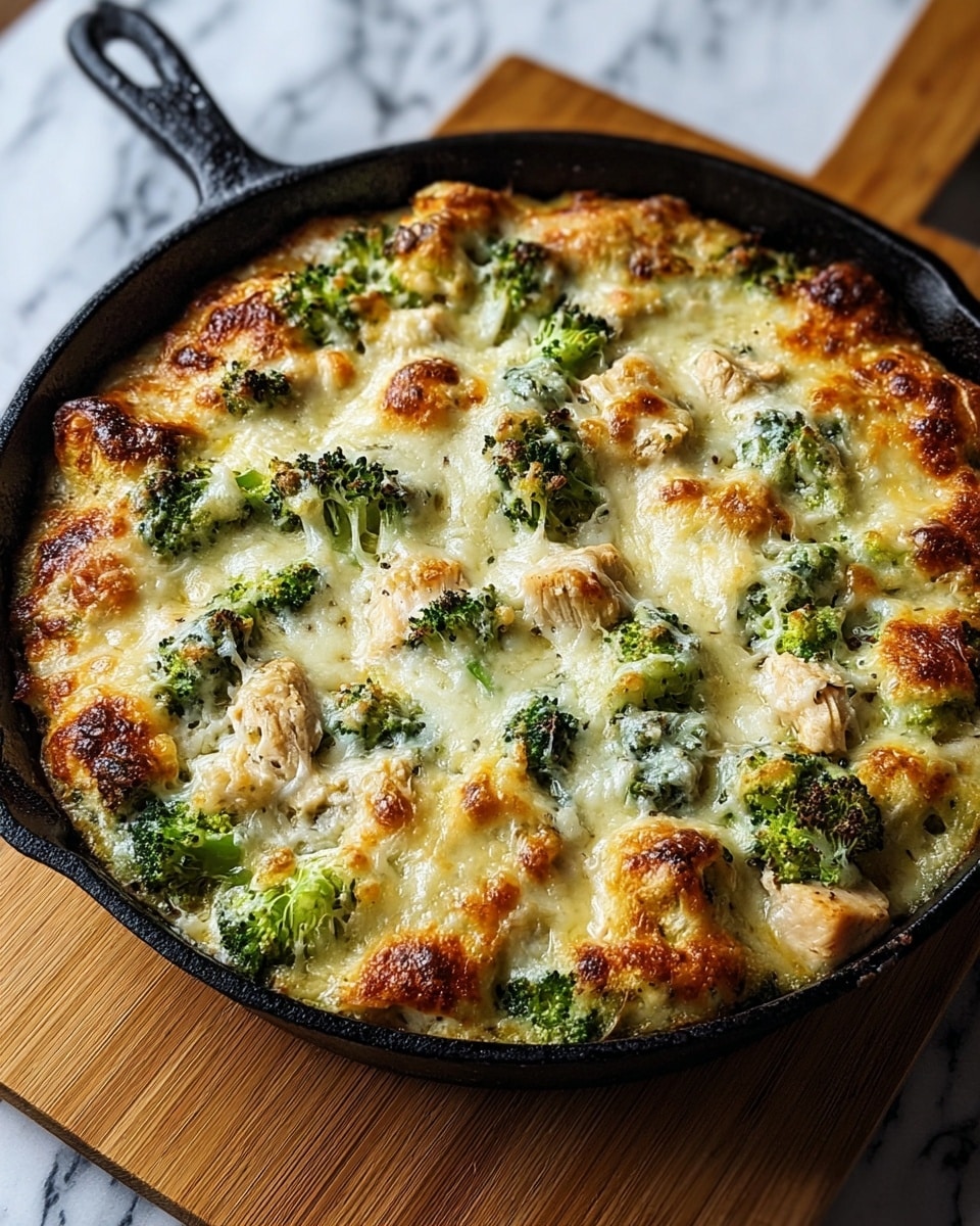 A baked dish in a black cast iron skillet with a golden brown melted cheese layer on top, showing bubbling and slightly crispy edges. Underneath the cheese, there are visible green broccoli pieces and chunks of cooked chicken mixed evenly throughout. The texture of the cheese is smooth and stretchy with some browned spots, and the broccoli adds bright green color with a fresh, firm look. The skillet sits on a wooden board with a white marbled surface beneath it. photo taken with an iphone --ar 4:5 --v 7