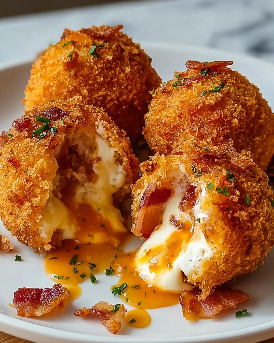Four round, golden-brown crispy balls sit on a white plate with a white marbled surface, two whole balls in the back and two split open in the front. The exterior is rough and crunchy with pieces of reddish-brown bacon embedded in the crumb coating. Inside, there is a creamy white layer that looks soft and gooey, with an orange sauce oozing out and dropping onto the plate. Small green herb pieces are scattered on the plate and on the balls, adding a touch of color contrast. Photo taken with an iphone --ar 4:5 --v 7