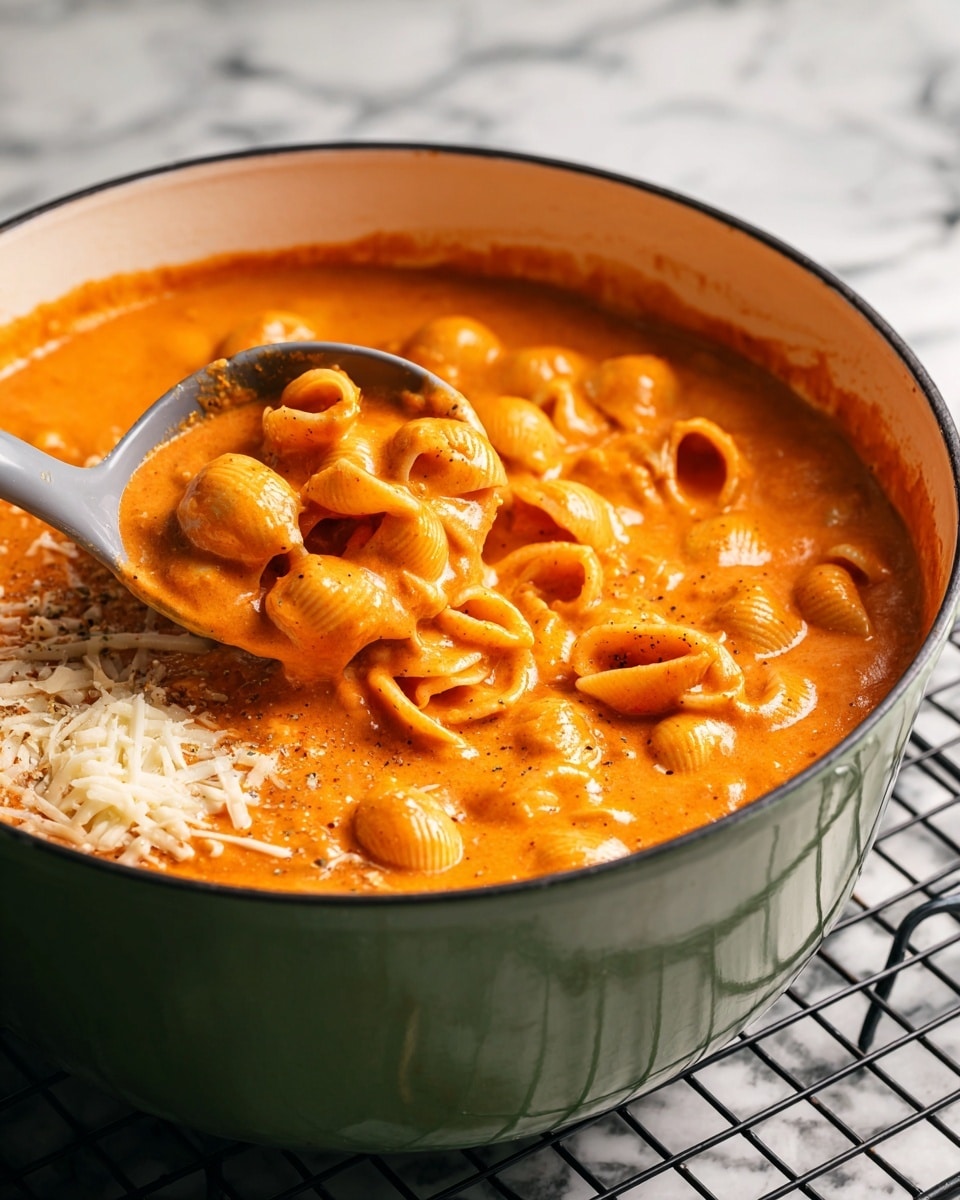 The image shows a white bowl filled with small shell pasta in a thick, orange-red tomato sauce as the main bottom layer. On top of half the pasta, there is a layer of melted white cheese that looks soft and slightly stringy. The bowl sits on a round cork mat, and a silver spoon is placed inside the bowl on the right side, partially submerged in the pasta and cheese mix. In the blurred background, there is a white marbled surface and a white plate with some green vegetables visible on the left side. photo taken with an iphone --ar 4:5 --v 7
