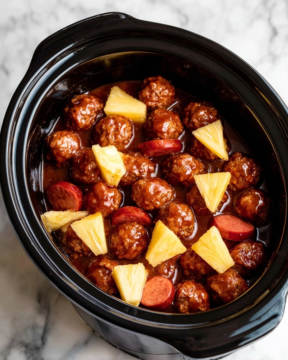 A black slow cooker filled with a dish containing shiny, glazed meatballs evenly spread throughout, coated in a thick brown sauce. Scattered between the meatballs are several smooth, reddish-brown cocktail sausages placed randomly. Bright yellow pineapple chunks cut into small triangular pieces are also mixed in, adding a fresh contrast to the rich colors of the meat and sauce. The cooker sits on a white marbled surface with light grey veins. photo taken with an iphone --ar 4:5 --v 7