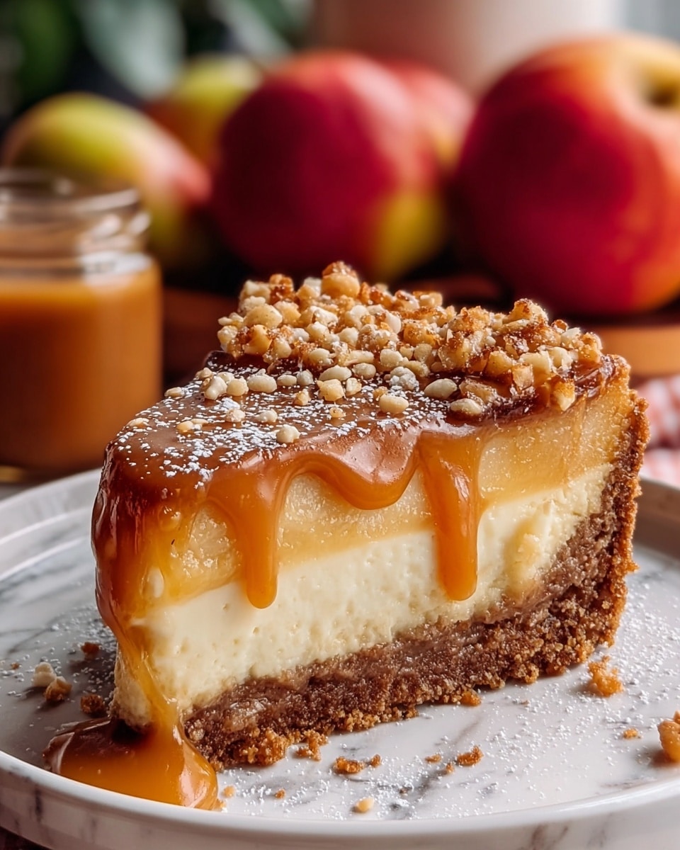 A close-up of a slice of pie on a white plate, showing three layers: at the bottom, a thick, crumbly brown crust; in the middle, a creamy, pale yellow filling with a smooth texture; on top, a glossy caramel layer dripping slightly over the edge, sprinkled with small chopped nuts and a light dusting of white powdered sugar. The background features some blurred red apples and a jar of caramel sauce, all set on a white marbled surface. Photo taken with an iphone --ar 4:5 --v 7