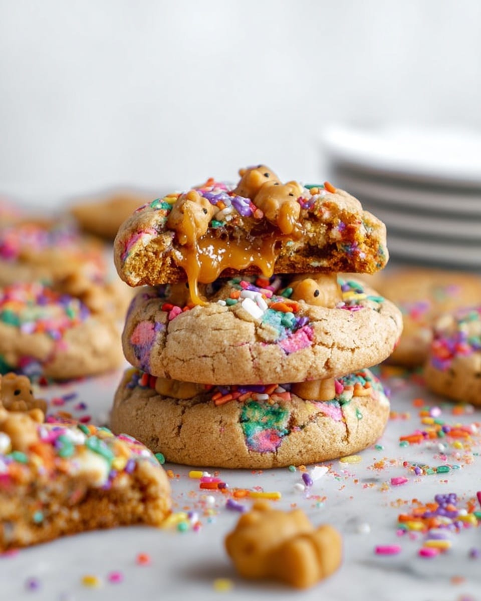 The image shows a close-up of three stacked cookies on a white marbled surface. The bottom two cookies are whole, round, and lightly browned with colorful rainbow sprinkles scattered on top. Small bear-shaped cookie pieces also decorate their surface. The top cookie is broken in half, revealing a gooey caramel filling that is dripping slightly, with the cookie layers showing a soft, crumbly texture inside. Around the stack, more colorful sprinkle-covered cookies and bear-shaped pieces are scattered, all resting on the white marbled surface. In the blurred background, a stack of white plates is partially visible. photo taken with an iphone --ar 4:5 --v 7