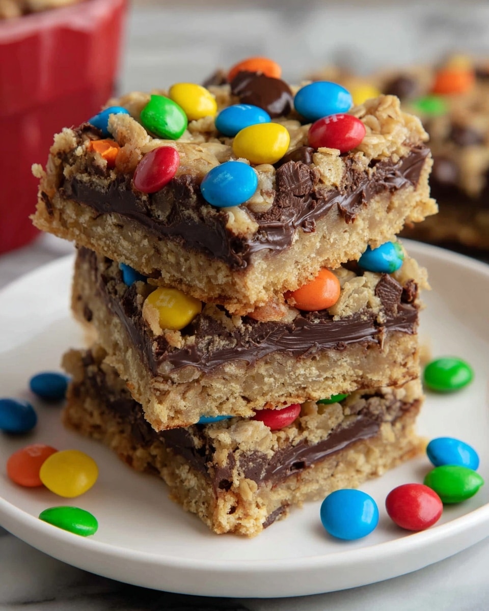 The image shows three stacked dessert bars on a white plate, each bar with three visible layers. The bottom and top layers are light brown with a crumbly texture, made of oats or a similar grain. The middle layer is thick and dark brown, appearing like melted chocolate or fudge. The top surface is decorated with colorful candy-coated chocolates in shades of red, blue, green, yellow, orange, and brown, some whole and some cracked. There are also scattered candy pieces around the plate, all on a white marbled surface. photo taken with an iphone --ar 4:5 --v 7