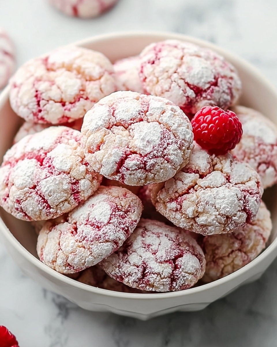 A white bowl filled with about a dozen round cookies that have a cracked surface, showing a pinkish-red color through the cracks, and are dusted with white powdered sugar. The cookies are piled in layers, some overlapping each other, and in the middle of the pile sits a single bright red raspberry adding contrast. The bowl rests on a white marbled surface. Photo taken with an iphone --ar 4:5 --v 7
