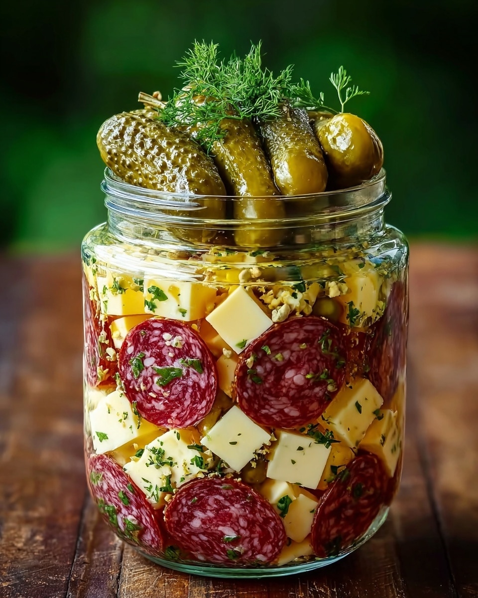 A clear glass jar filled with three main layers visible: the bottom and middle layers are red and white slices of salami mixed with small cubes of yellow cheese speckled with green herbs, both layers densely packed together; the top layer consists of several whole green pickles lying horizontally with a few sprigs of herbs on top. The jar is placed on a wooden surface with a blurred green background. The image is detailed, showing the shiny and textured surface of the pickles and the marbled fat in the salami slices. photo taken with an iphone --ar 4:5 --v 7