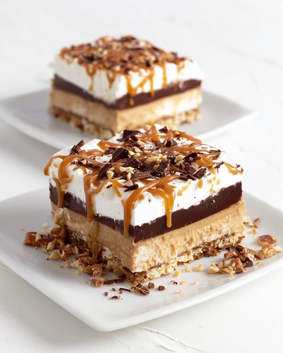 The image shows two square dessert slices on white plates, placed on a white marbled surface. Each slice has four layers: a crunchy textured light brown base with bits of pretzel, a thick creamy caramel-colored layer above it, followed by a smooth dark chocolate layer, and topped with a fluffy white whipped cream layer. On the whipped cream top, there is a drizzle of caramel in a grid pattern and scattered milk chocolate shavings. Some crunchy bits from the base are scattered around the front slice on the plate. Photo taken with an iphone --ar 4:5 --v 7