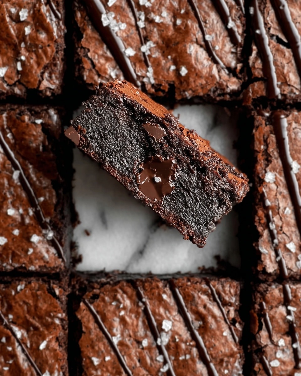 A group of rich, dark brown brownies is arranged in a square pattern on a white marbled surface. One brownie is lifted above the empty center, showing its thick, moist texture with visible melted chocolate chunks inside. Each brownie has thin, darker chocolate drizzles on top and is sprinkled with coarse white salt flakes. The surface of the brownies is slightly cracked, giving a homemade look. Photo taken with an iphone --ar 4:5 --v 7