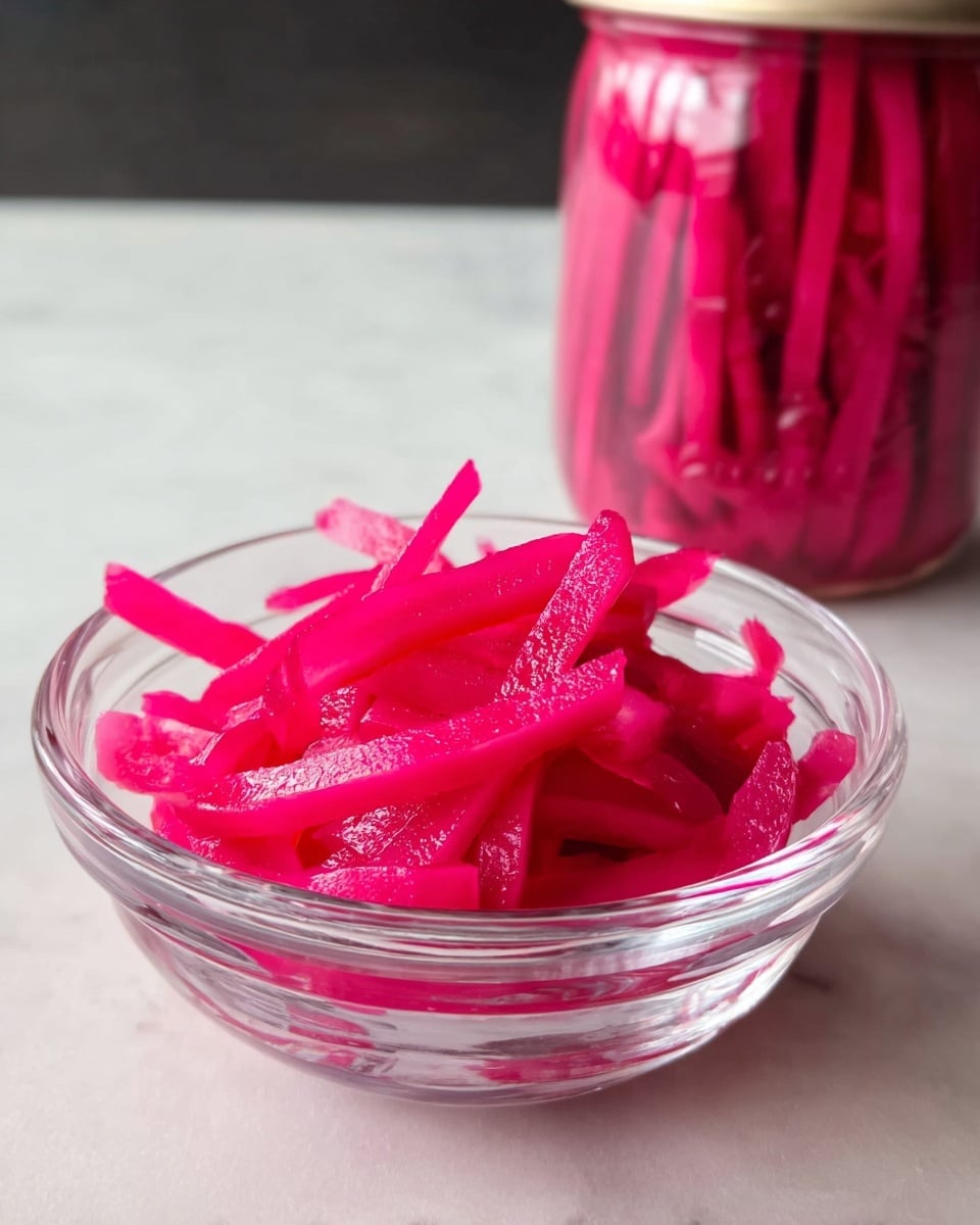 A clear glass bowl sits on a white marbled surface, filled with bright pink, thinly sliced strips that have a shiny, slightly wet texture. The strips are piled loosely in the bowl, showing their smooth, glossy surfaces and varying lengths. In the blurry background, there's a glass jar also filled with the same pink strips packed vertically. Photo taken with an iphone --ar 4:5 --v 7