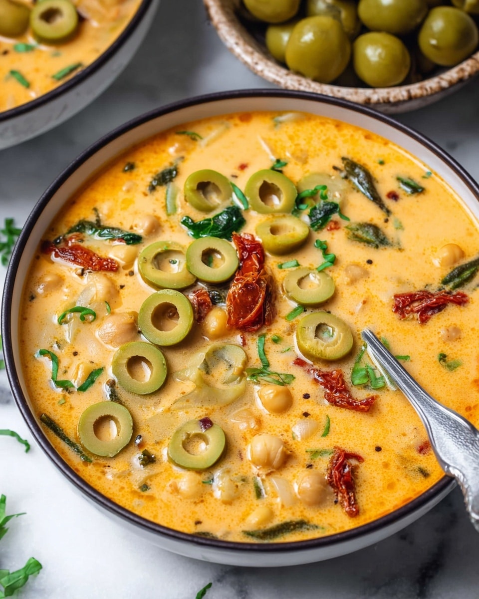 The image shows a close-up of a creamy orange soup served in a round white bowl with a dark rim, placed on a white marbled surface. The soup has several layers of ingredients visible, including sliced light green olives scattered on top, chickpeas, and small bits of sun-dried tomatoes lending some red accents. There are also fresh green leafy herbs and small green herb leaves sprinkled across the surface. A silver spoon rests inside the bowl on the right side, partly immersed in the soup. In the background, there is a white bowl full of whole green olives, slightly out of focus, sitting on the same white marbled surface. photo taken with an iphone --ar 4:5 --v 7