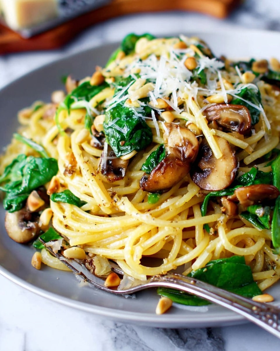 A close-up of a plate of spaghetti layered with sautéed mushrooms that are brown and slightly crispy, fresh bright green spinach leaves, and golden toasted pine nuts scattered throughout. The spaghetti is light yellow with a shiny, oily texture, mixed well with the other ingredients. There is a light sprinkle of shredded white cheese on top, melting slightly into the pasta. The dish is served on a white plate placed on a white marbled surface, with a fork resting on the edge of the plate. photo taken with an iphone --ar 4:5 --v 7