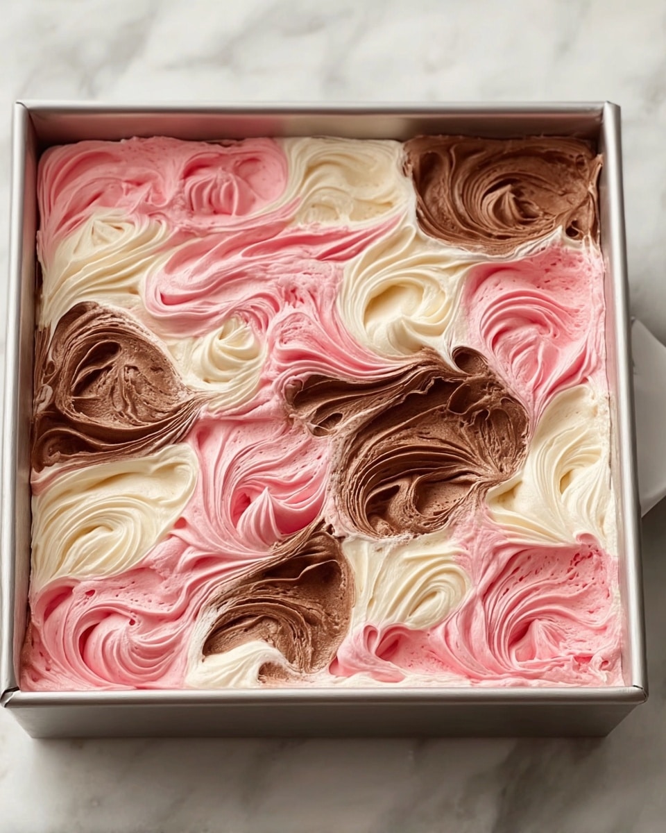 This image shows a square metal pan filled with a soft, creamy dessert that has three layers mixed together. The dessert is swirled in a pattern of three colors: light pink, creamy white, and chocolate brown. Each color forms large, round, smooth swirls all over the top surface, creating a textured, fluffy look. The pink and white swirls are more dominant and the brown swirls are smaller and scattered between them. The pan rests on a white marbled surface, and the photo taken emphasizes the soft, airy texture of the dessert. photo taken with an iphone --ar 4:5 --v 7