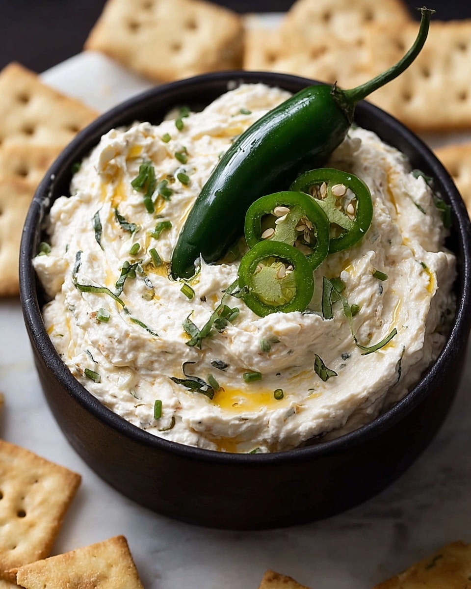 A close-up view of a black bowl filled with a creamy white dip that has a slightly rough and whipped texture. The dip is swirled with visible small green herbs and a light drizzle of oil adding a glossy shine. On top, there is a whole glossy green chili pepper and three slices of green chili showing seeds inside, with scattered small chopped green herbs. Around the bowl, some square beige crackers with holes are partially visible on a white marbled surface. Photo taken with an iphone --ar 4:5 --v 7