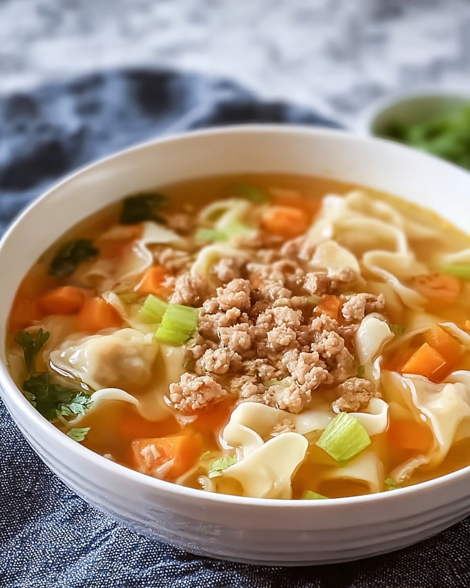 A white bowl filled with clear golden broth as the base layer, floating tender pieces of cooked wonton noodles showing soft, wavy white folds, mixed with chunks of bright orange carrot cubes and small bits of green celery. The top layer is ground cooked meat in small crumbly pieces scattered across the surface, along with fresh green herb leaves adding a pop of color. The bowl is placed on a blue-gray textured cloth, with a blurred white marbled texture background. photo taken with an iphone --ar 4:5 --v 7