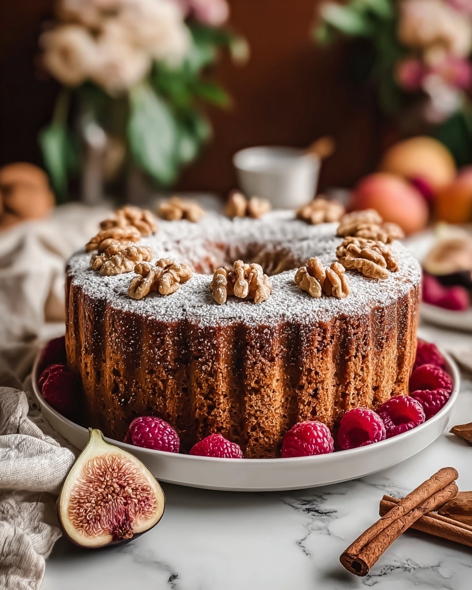 A round, tall cake with a dark golden brown color and a textured striped pattern on the sides stands on a white plate. The top layer is dusted with white powdered sugar, and decorated with whole walnuts arranged evenly. Around the base of the cake are red raspberries and cinnamon sticks, adding a pop of color. In the foreground, there is a halved fig showing its pink inside with small seeds. The scene is set on a white marbled surface with a soft cloth nearby and blurred flowers and fruit in the background creating a warm and cozy ambiance. photo taken with an iphone --ar 4:5 --v 7