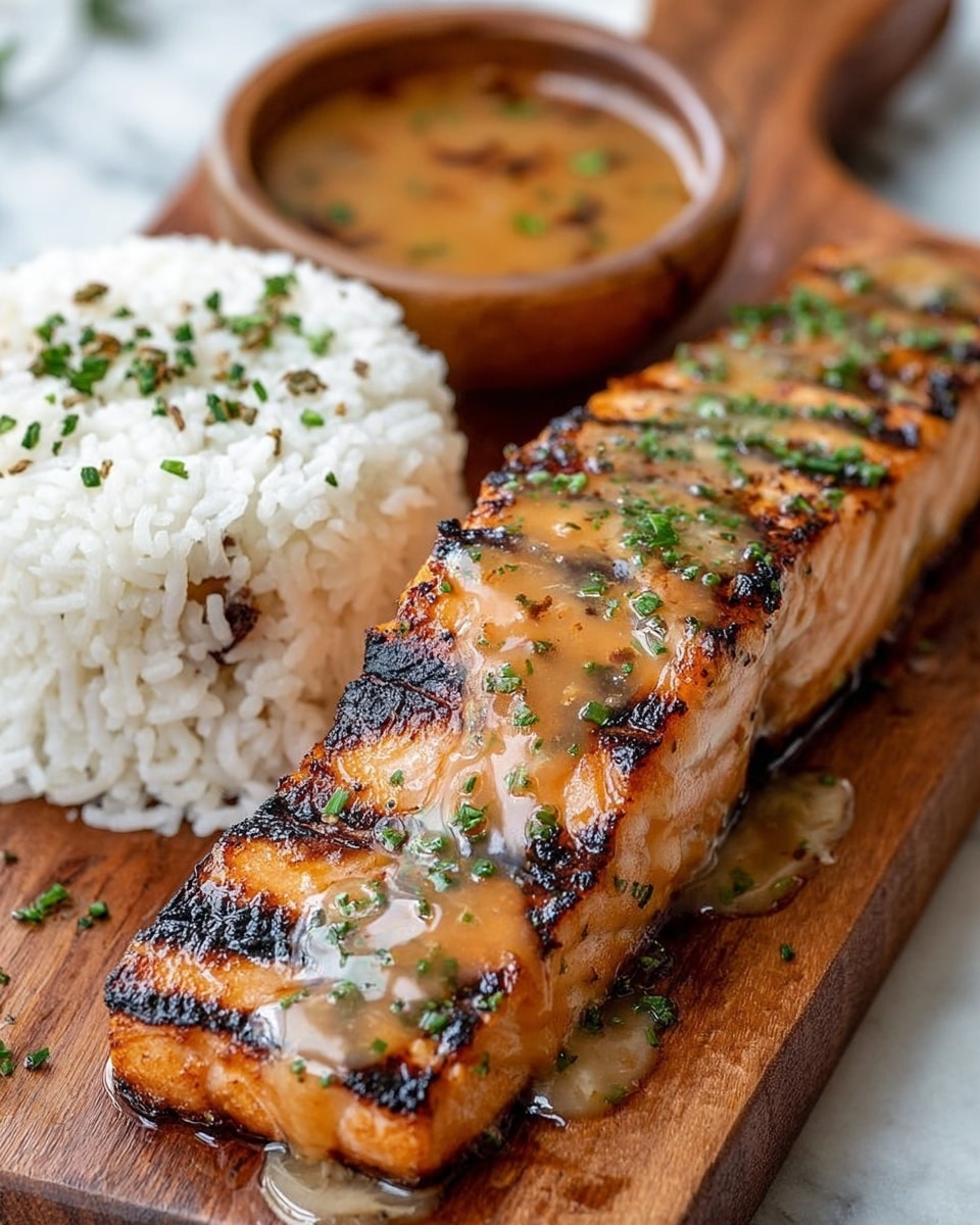 A grilled salmon fillet with charred grill marks and a shiny light brown sauce drizzled over the top, sprinkled with small green herb pieces, lies on a wooden board. Next to the salmon is a mound of white rice mixed with small green herbs. Behind the salmon, there is a small brown bowl containing extra sauce. The wooden board rests on a white marbled texture surface. photo taken with an iphone --ar 4:5 --v 7