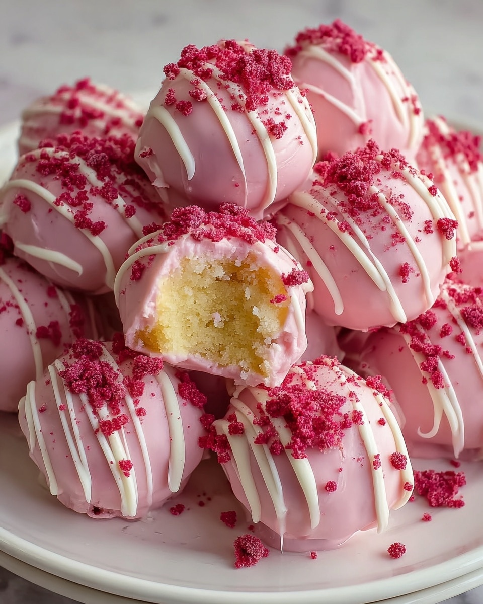 A white plate full of round, pink cake balls covered in a smooth pink coating, each decorated with thin white drizzle lines on top and sprinkled with bright red crumb pieces, creating a textured contrast; the cake balls are piled up, showing some layers and slight breaks in the coating revealing a light yellow interior. photo taken with an iphone --ar 4:5 --v 7