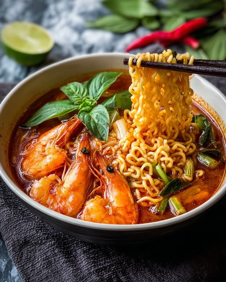 A white bowl filled with three large orange prawns resting on top of bright yellow noodles soaked in a rich, reddish-orange broth, with visible green vegetables and herbs scattered around. On the right side, a bunch of fresh green basil leaves adds a touch of freshness. Dark chopsticks lift a bundle of curly noodles above the bowl, showing their thick, springy texture. The bowl sits on a dark cloth that contrasts with the white marbled surface beneath. A lime wedge is placed near the bowl’s edge, with a red chili and green pepper peeking into the frame from the top right corner. Photo taken with an iphone --ar 4:5 --v 7
