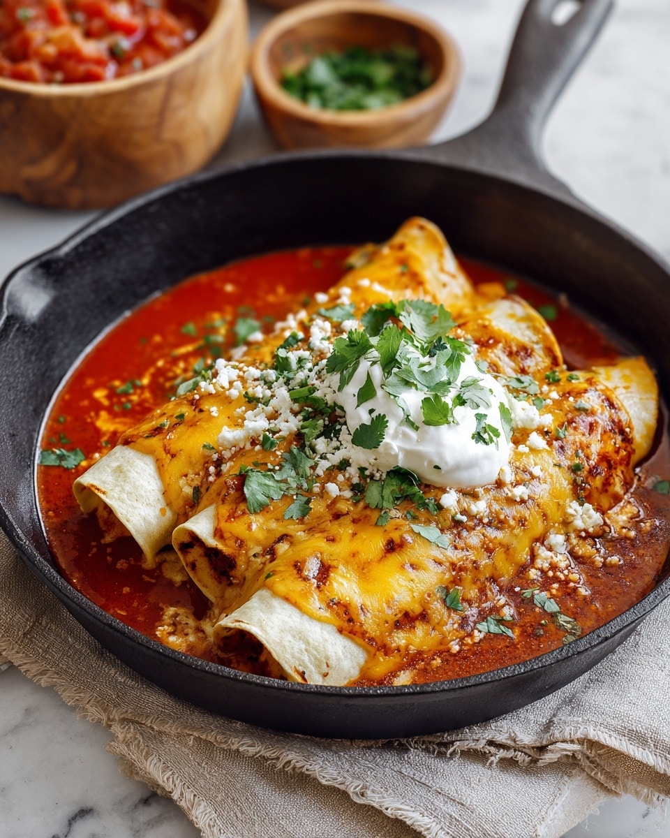 A black cast iron skillet holds two folded light golden tortillas stacked on top of each other, covered with melted orange-yellow cheese that has browned spots. The tortillas sit in a thick red sauce that fills the skillet below them. On top of the cheese is a dollop of white sour cream, sprinkled with crumbled white cheese and chopped green cilantro leaves spread around the sour cream and cheese. The skillet rests on a light beige cloth on a white marbled surface, with two blurred wooden bowls in the background, one filled with red salsa and the other with green chopped herbs. Photo taken with an iphone --ar 4:5 --v 7