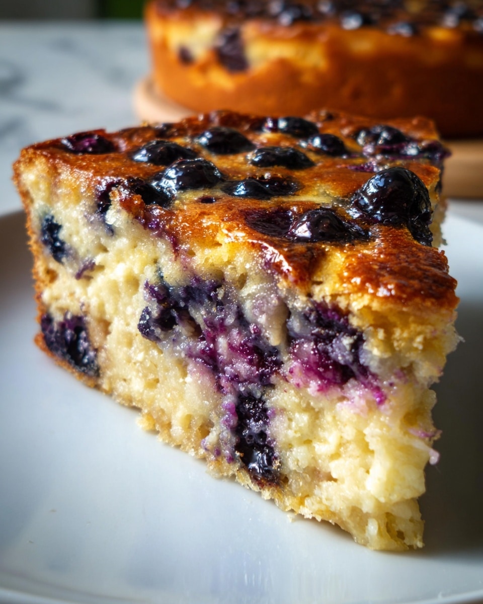The image shows a close-up of a thick, round blueberry cake slice on a white plate, placed on a white marbled surface. The cake has three visible layers: the top layer is golden brown with baked blueberries that glisten, adding dark purple and black spots; the middle layer is light beige with a moist, soft texture interspersed with more blueberries; the bottom layer is a denser, golden crust holding the cake together. The sides of the cake reveal the embedded blueberries, and the top has a slightly caramelized, glossy appearance. Photo taken with an iphone --ar 4:5 --v 7
