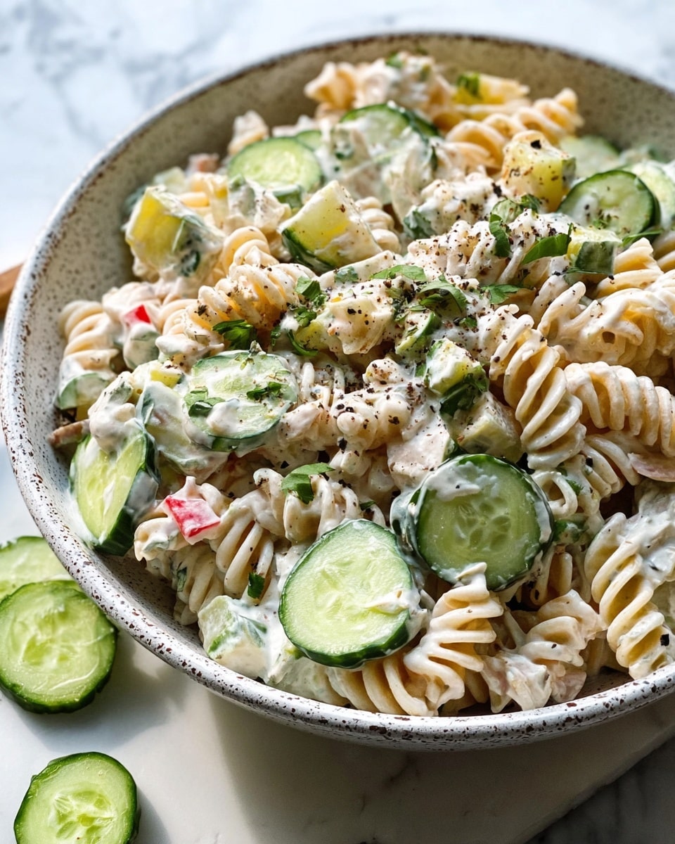 A close-up of a white speckled bowl filled with a creamy pasta salad on a white marbled texture. The salad has three main layers: spiraled rotini pasta in a light beige color, thick creamy white dressing covering the pasta and other ingredients, and fresh cucumber slices cut into half-moons, which are bright green with a juicy texture. There are small pieces of red bell pepper and green herbs scattered on top, and some cracked black pepper sprinkled over the entire dish. Some cucumber slices lay beside the bowl on the white marbled surface. Photo taken with an iphone --ar 4:5 --v 7