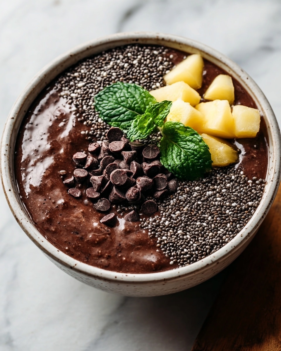 A round white bowl filled with a thick, dark brown chocolate smoothie base, topped with a layer of small shiny black chia seeds spread evenly. On top, there is a cluster of deep brown chocolate chips placed slightly off-center, next to small pale yellow fruit pieces arranged in a neat pile. Two fresh green mint leaves peek out from beside the fruit, adding a pop of color. The bowl is set on a white marbled texture surface, showcasing a close-up view with soft lighting and shallow focus. photo taken with an iphone --ar 4:5 --v 7