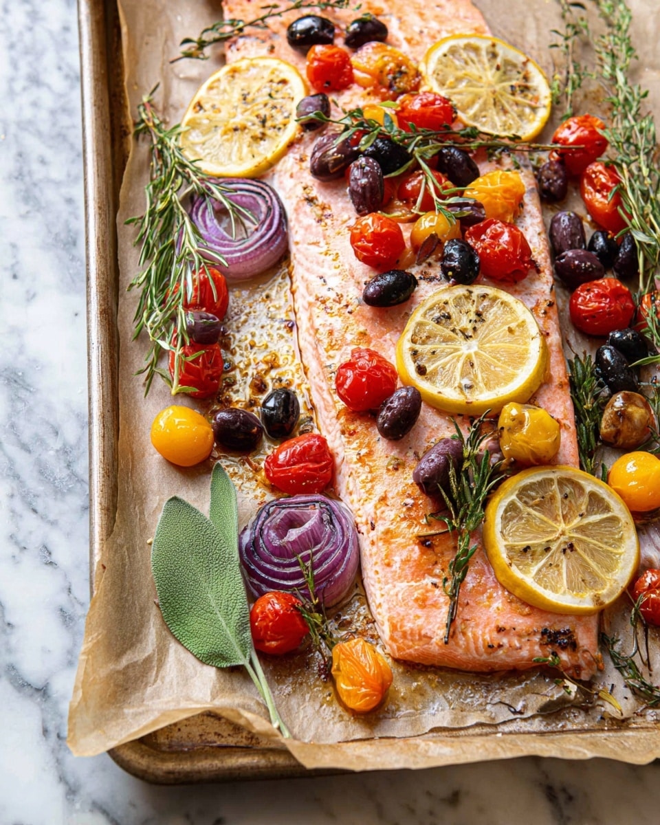 A cooked salmon fillet rests on parchment paper on a metal baking tray, with a light pink and lightly charred skin. On top, layers of thin lemon slices with a pale yellow color are scattered, some slightly charred. There are also purple-red onion rings, bright red and yellow cherry tomatoes, and a mix of dark black and brown olives spread across the salmon. Green herbs, including fresh rosemary and sage sprigs, add texture and color at the edges. The tray is placed on a white marbled surface, enhancing the colors of the salmon and toppings. photo taken with an iphone --ar 4:5 --v 7