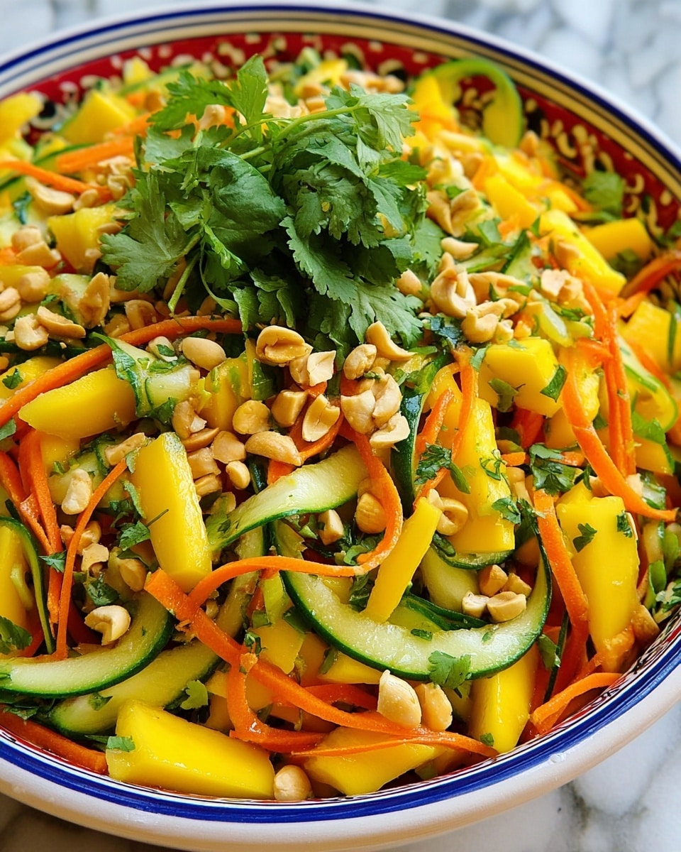 A close-up view of a colorful salad in a white bowl with a blue and red patterned rim, placed on a white marbled surface. The salad has three main layers visible: thick yellow mango chunks, thin orange carrot strips, and green cucumber slices, all mixed together. The top layer is sprinkled with chopped peanuts and small green cilantro leaves, with a bunch of cilantro placed in the center for garnish. The bright yellow, green, and orange colors contrast well with the white bowl and marbled background. Photo taken with an iphone --ar 4:5 --v 7