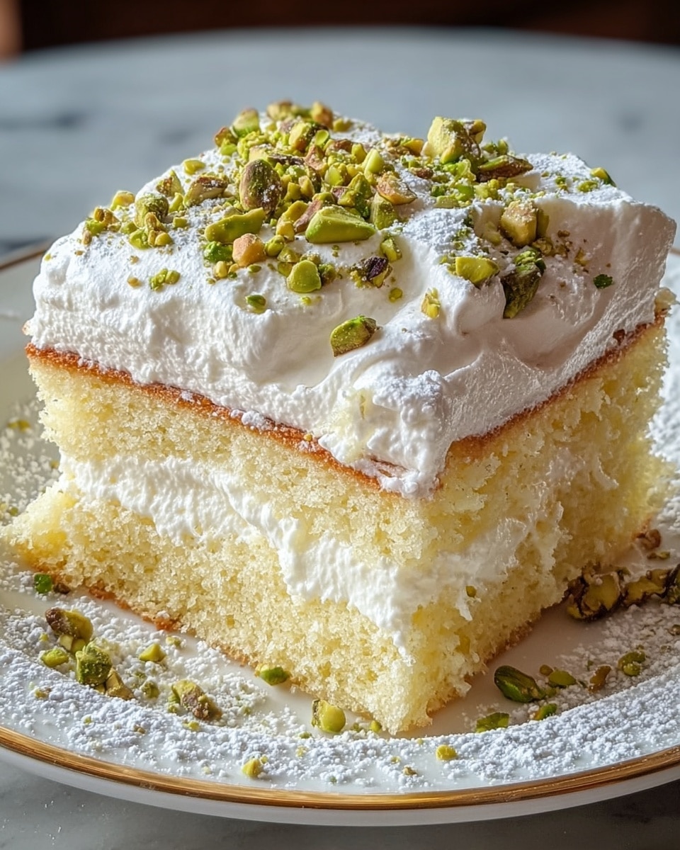 A square piece of light yellow sponge cake with two layers is shown on a white plate with a gold rim. The bottom layer is thick and soft, topped with a thick middle layer of fluffy white cream. Another layer of sponge cake sits on top of the cream, covered by a thick white whipped cream layer sprinkled with chopped green pistachios. Powdered sugar is dusted on top of the cream and scattered around the plate edges on a white marbled texture surface. Photo taken with an iphone --ar 4:5 --v 7