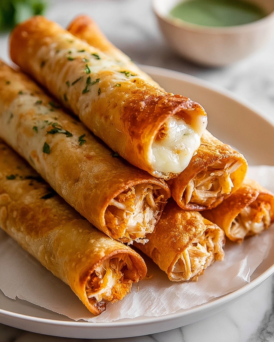 Five fried rolled taquitos with a golden brown crispy texture are stacked closely on a white plate lined with parchment paper, each filled with visible shredded chicken in light beige and melted cheese in creamy white and slightly orange hues peeking from the open ends. The plate rests on a white marbled textured surface with a blurred bowl of green sauce in the background. photo taken with an iphone --ar 4:5 --v 7