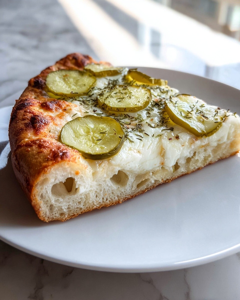 A single slice of thick, fluffy pizza with a golden, crispy crust sits on a white plate. The base layer is light and airy bread with visible holes, topped with a smooth, creamy white cheese layer that looks melted and soft. On top, thin slices of green pickles are scattered evenly, each with a slightly glossy texture and specks of green herbs sprinkled over them. The crust edges are browned with a few darker spots, showing a well-baked finish. The scene is on a white marbled surface with soft natural light coming from the background. Photo taken with an iphone --ar 4:5 --v 7