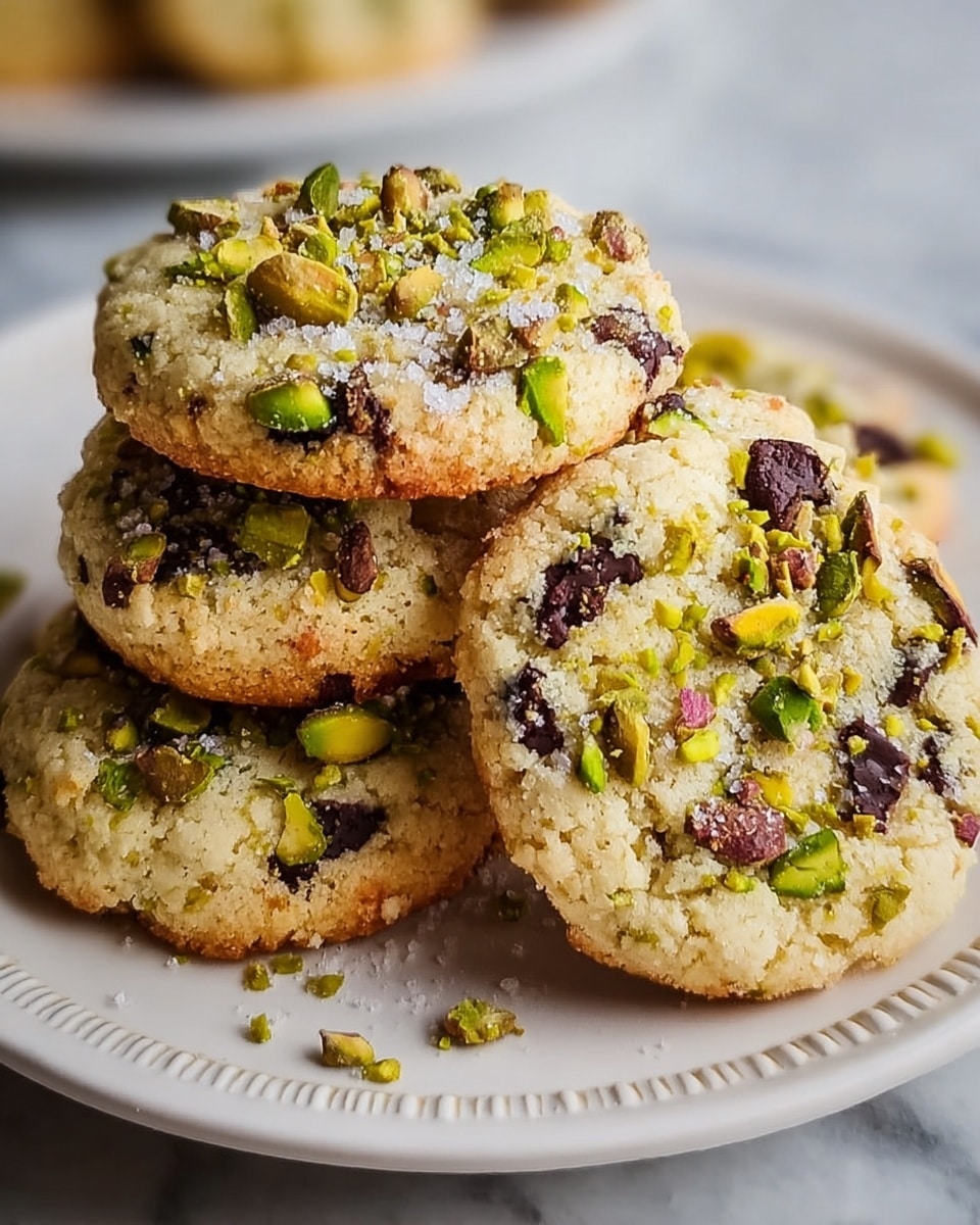 A close-up view of four round cookies stacked slightly on top of each other on a white plate with a subtle decorative edge, placed on a white marbled surface; the cookies have a light golden-brown color with a crumbly texture, topped with bright green and brown chopped pistachios and small chunks of dark chocolate pieces embedded throughout; a light sprinkle of coarse salt is visible on the surface of the cookies, adding texture and shine. photo taken with an iphone --ar 4:5 --v 7