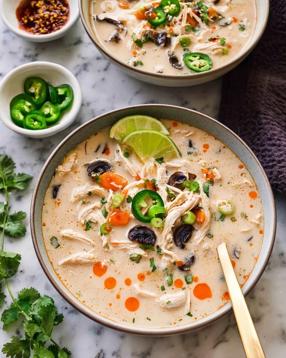 Two white bowls filled with creamy soup are shown on a white marbled surface. The soup has a light beige creamy base with visible chunks of shredded white chicken, sliced dark brown mushrooms, small orange carrot pieces, and green jalapeño slices floating on top. Bright orange drops of chili oil are scattered across the surface. Each bowl has a fresh green lime wedge on the side and is garnished with small green cilantro leaves and chopped green onions. A golden spoon rests inside the lower bowl. In the background, small white bowls hold extra chopped green onions, jalapeños, and chili oil. Photo taken with an iphone --ar 4:5 --v 7