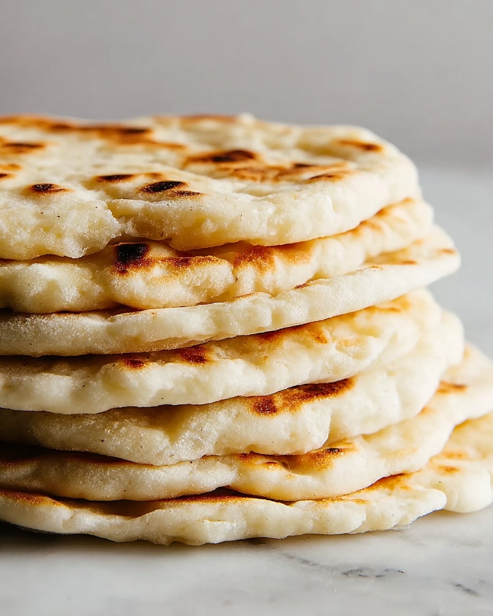 A close-up view of a stack of six flatbreads, each layer showing a soft and slightly puffy texture with light golden-brown spots from cooking. The flatbreads are a pale cream color with subtle darker specks, and they sit directly on a white marbled surface, showing their uneven edges and gentle rises that give a fluffy look. The background is simple and neutral, focusing fully on the flatbreads’ soft and airy layers. photo taken with an iphone --ar 4:5 --v 7