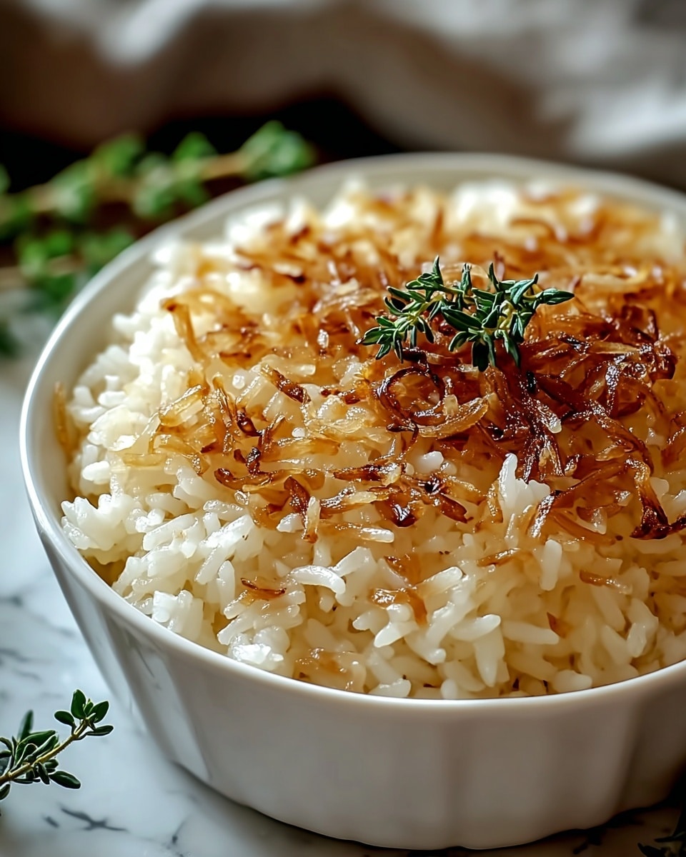 A close-up view of a single-layer dish of cooked white rice in a white bowl, topped evenly with thin, golden-brown caramelized onions scattered across the surface, with a small green sprig of fresh thyme placed in the center for garnish. The rice grains are fluffy and slightly glossy, contrasting the crisp texture of the browned onions above them. The bowl is set against a soft-focused background with neutral tones and a white marbled surface underneath. photo taken with an iphone --ar 4:5 --v 7